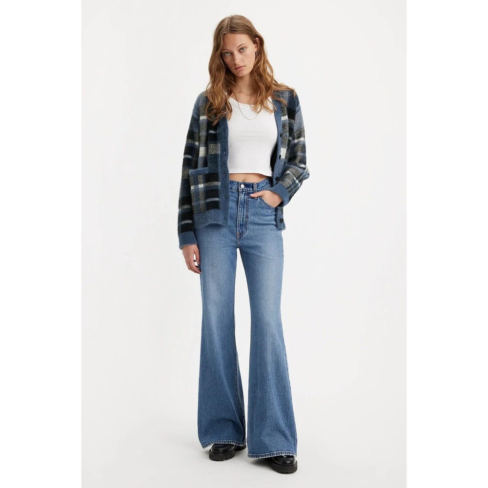 Levis Premium Women Denim Jean Ribcage Bell Blue Hi Rise Wide Leg Baggy Loose